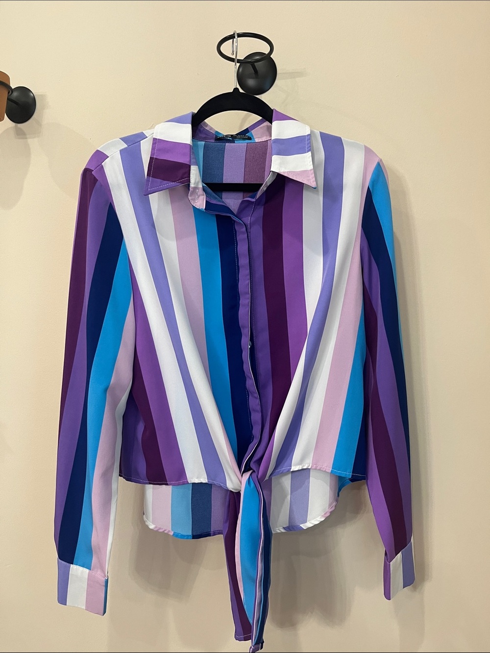 SHEIN Striped Tie-Front Long-Sleeve Shirt in Purple & Blue